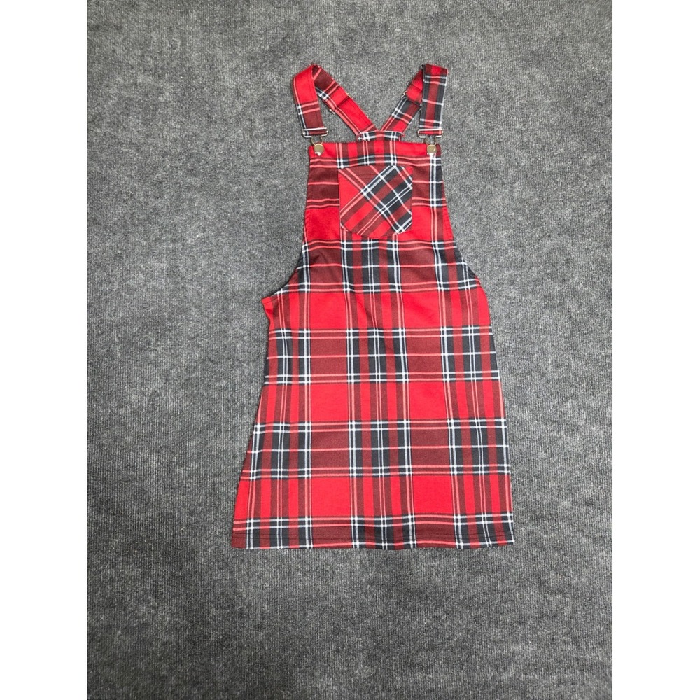 Jolie & Joy Red Plaid Pinafore Overall Mini Dress Women Medium Tartan Bib Pocket